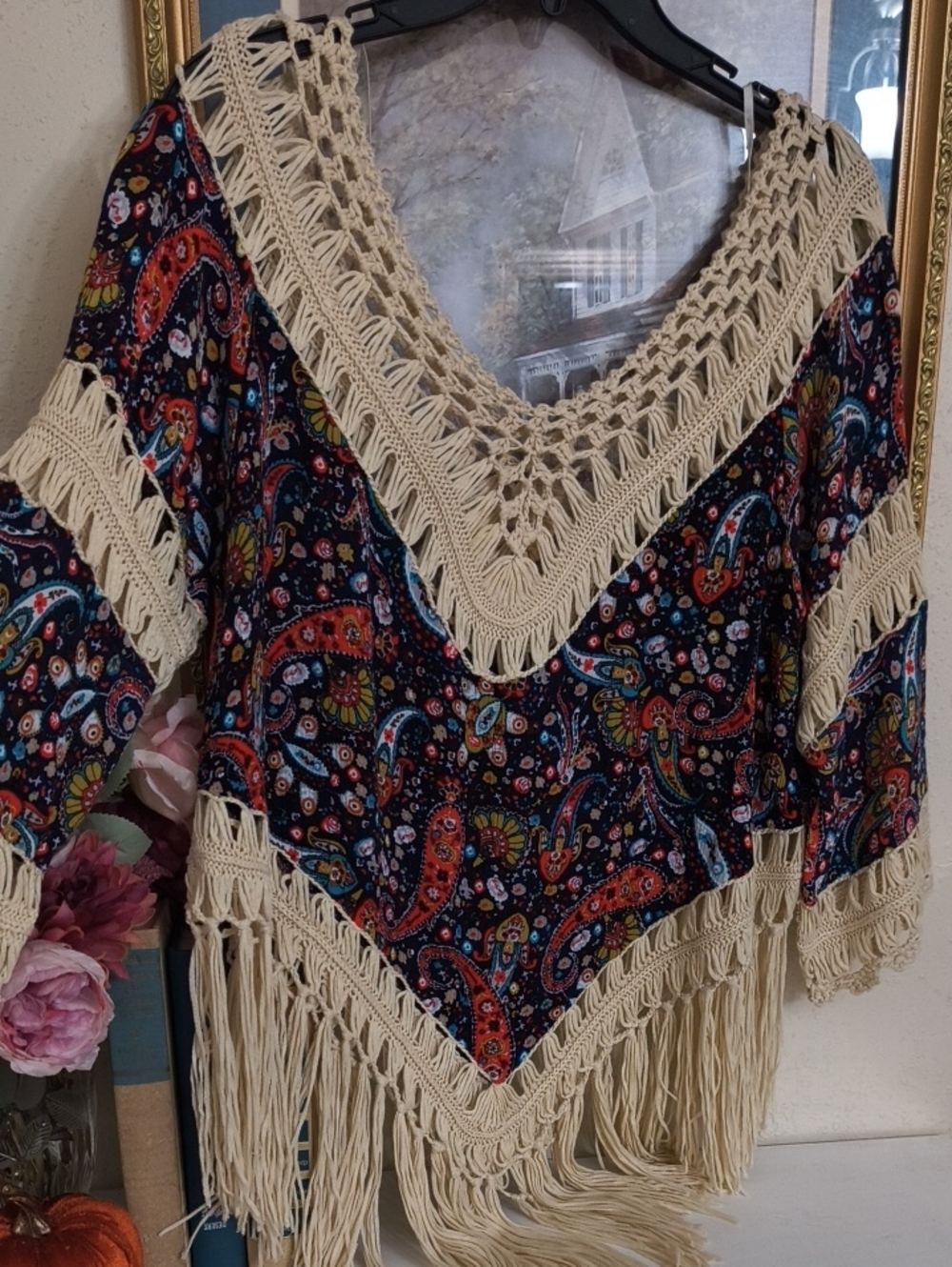 Crochet-Trim Paisley Fringe Women's Boho Western Festival Xl Concert - Picture 1 of 5